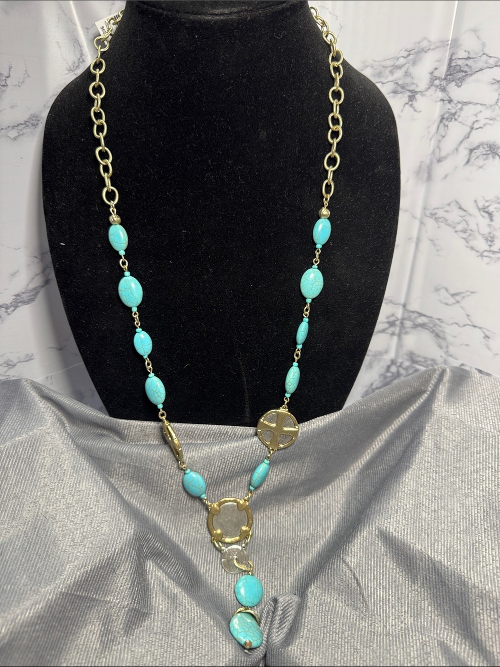 Chico's Gold-Tone Necklace with Faux Turquoise Beads Modern